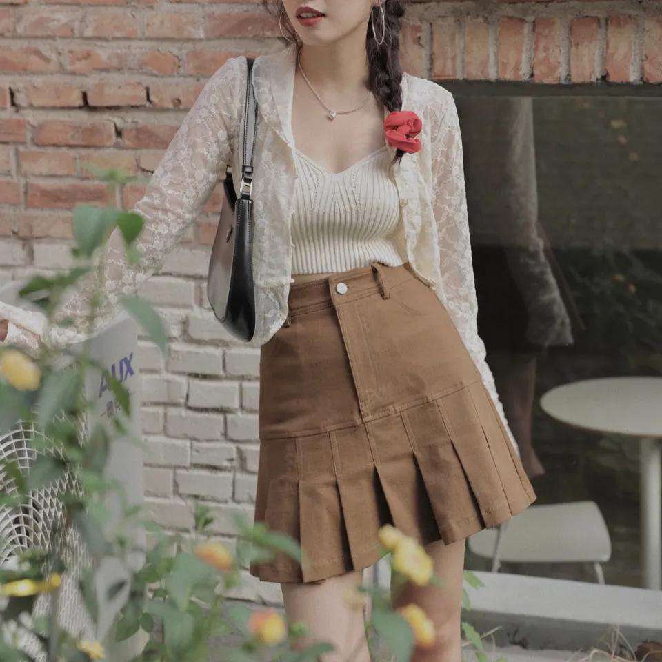 Chân Váy Chữ A Lưng Cao Xếp Ly Thời Trang Retro Hồng Kông Mới Cho Nữ