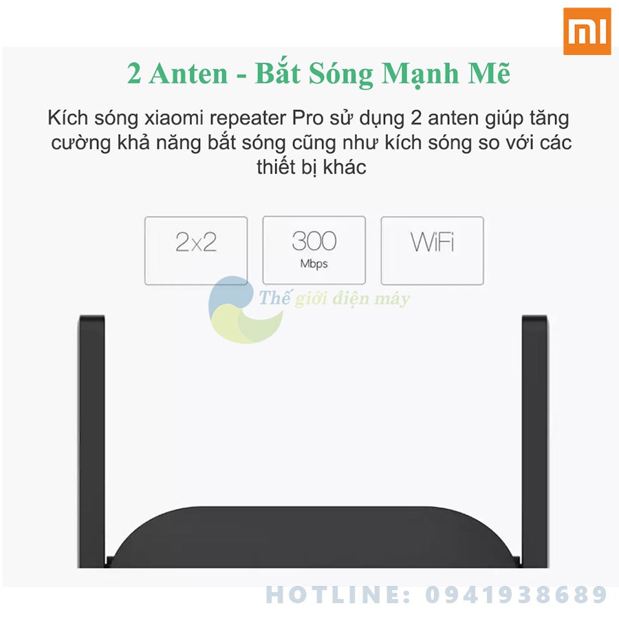 [Mã 253ELSALE hoàn 7% đơn 300K] Thiết bị kích sóng Xiaomi Wifi Repeater Pro 2 râu băng thông 300mbps BH 6 tháng