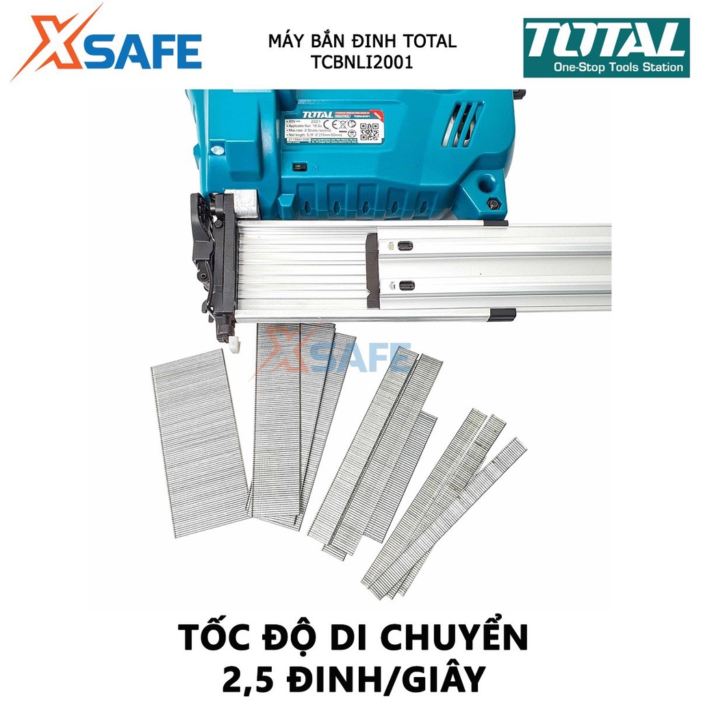 Máy bắn đinh dùng pin 20V TOTAL TCBNLI2001 Loại đinh F15~F50, tốc độ 2.5 đinh/giây, chứa 100 đinh, kèm 2 pin 2.0Ah 1 sạc