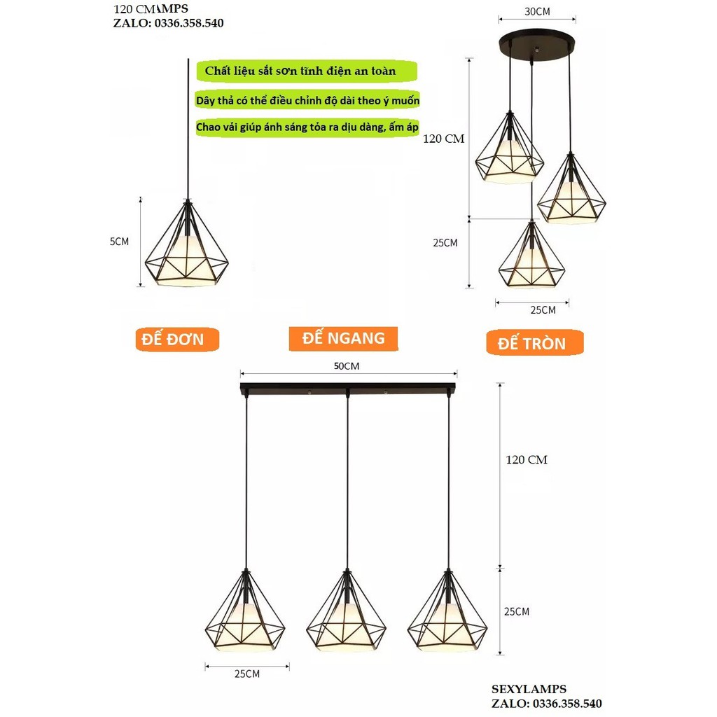 Đèn thả đơn kim cương khung sắt sơn tĩnh điện fi 250