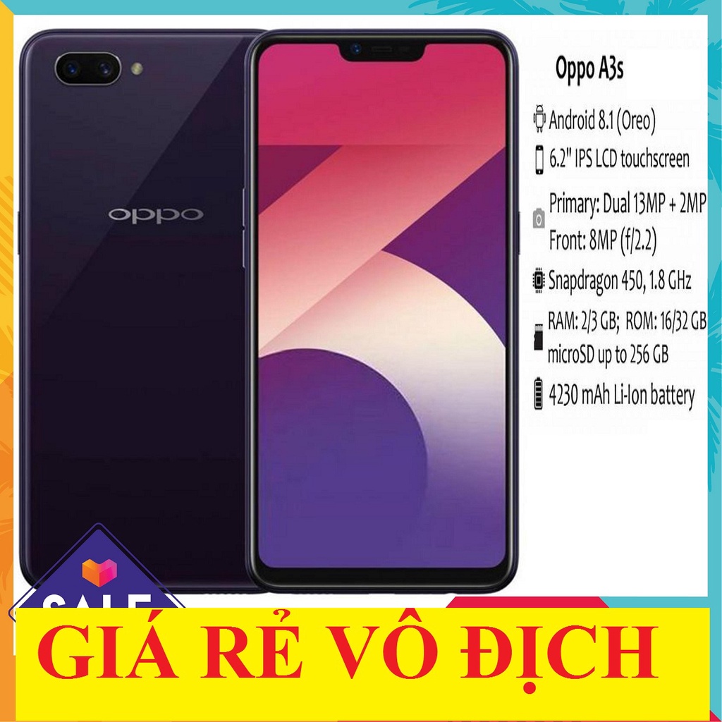 Điện thoại OPPO A3S 2sim ram 4G/64G mới CHÍNH HÃNG - Bảo hành 12 tháng, ĐÁNH LIÊN QUÂN/PUBG Quá đỉnh