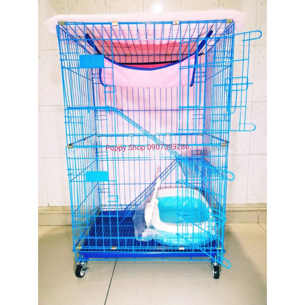 Chuồng/Lồng Sắt Sơn Tĩnh Điện Xếp 3 Tầng Màu Xanh Nước Biển Cao 1 Met Có Bánh Xe, Tặng Võng, Cho Mèo, Chim, Vẹt, Sóc