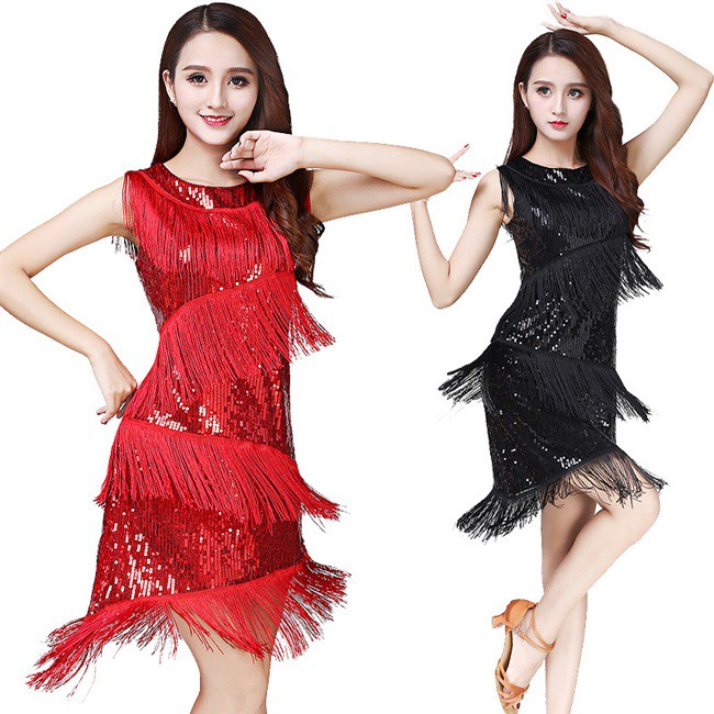 Swin Ready Stock Đầm khiêu vũ sát nách đính tua rua sequin lấp lánh nổi bật