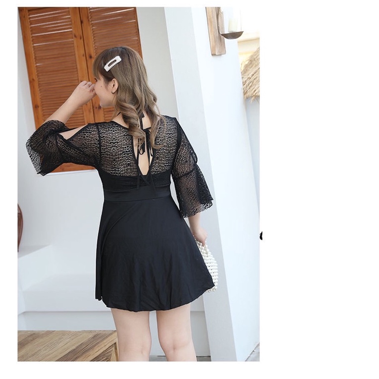 HT-bộ bơi đầm big size thun đen yếm ren đi biển size 60-70kg