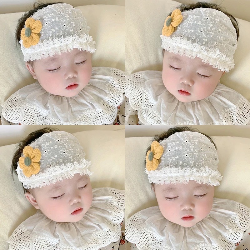 Mũ nón che thóp vải đũi phối ren đính hoa vàng xinh xắn cho bé gái MH184 Mimo Baby