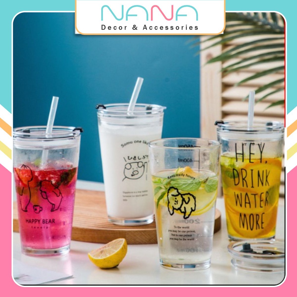 Ly Thủy Tinh Có Ống Hút 🍓HÀNG CHUẨN FULL BOX 🍓 Ly Thủy Tinh Chia Vạch Kèm Nắp Chống Tràn Và Ống Hút 450ML
