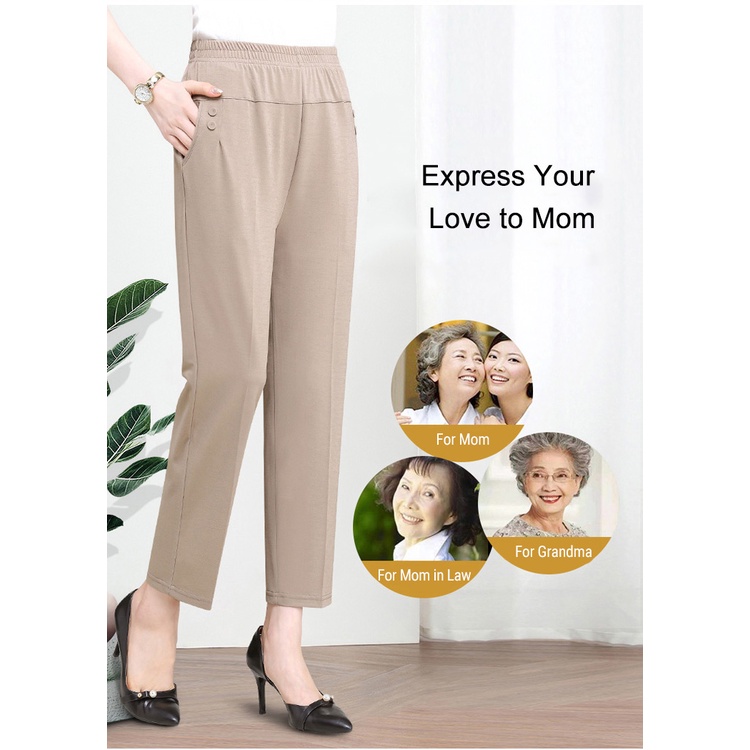 Quần dài ống đứng lưng thun co giãn thiết kế mới phong cách thời trang cho phái nữ trung niên