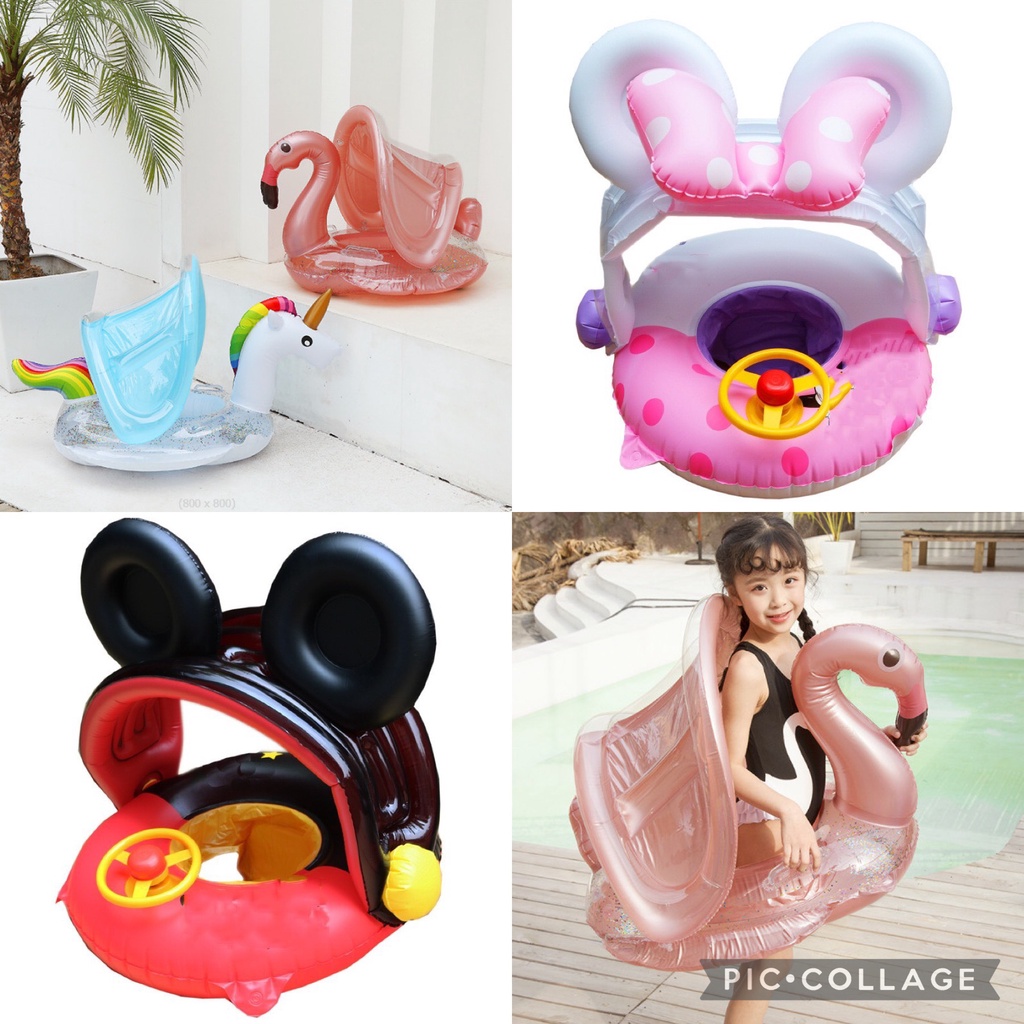 Phao bơi xỏ chân trẻ em có mái che nắng, phao bơi chống lật có mái hình Thiên nga Mickey cho bé. Tặng kèm set vá mini