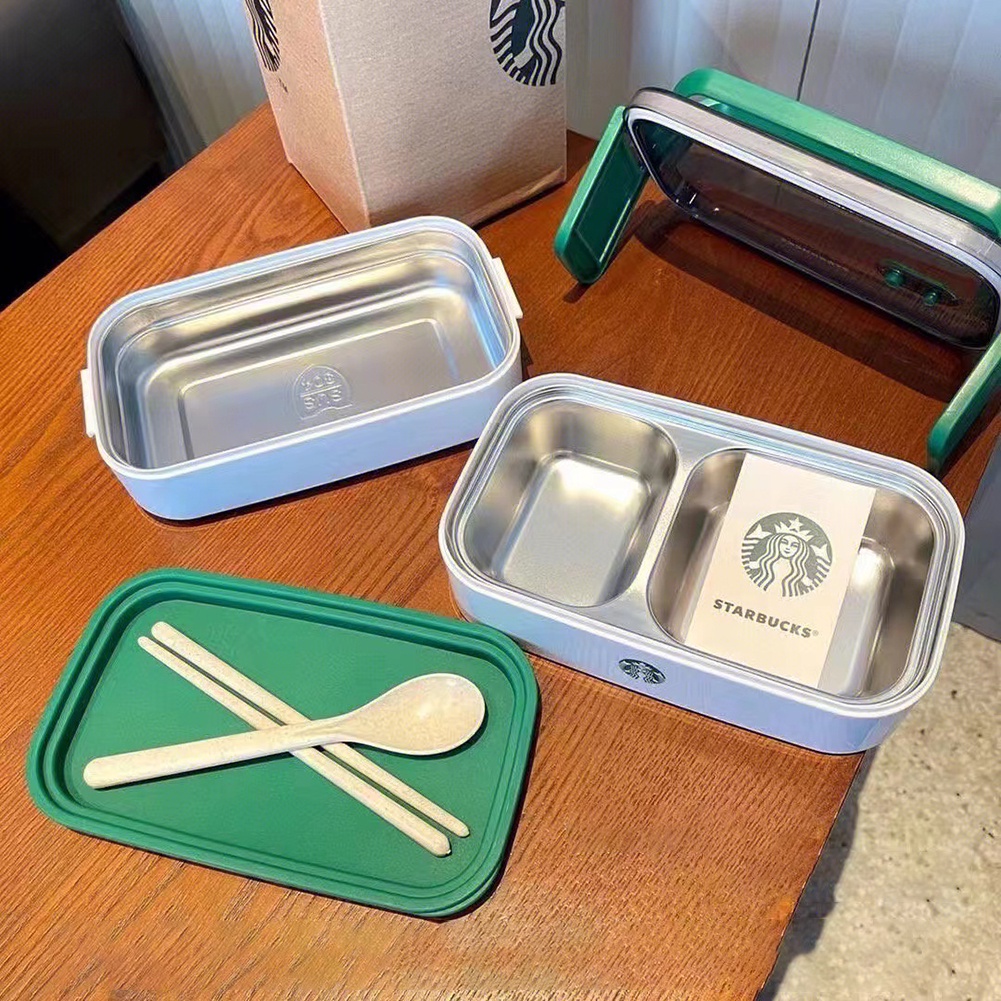 Hộp đựng cơm trưa Starbucks hai tầng cách nhiệt bằng inox 304 kèm đũa và muỗng tiện dụng