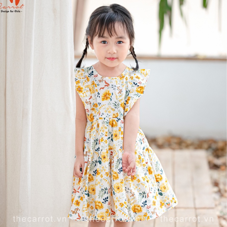 Váy Bé Gái Carrot Tay Cánh Tiên, Hoa Hồng Vàng 3 Tầng, Chất Liệu Thô Cotton Thấm Hút Mồ Hôi
