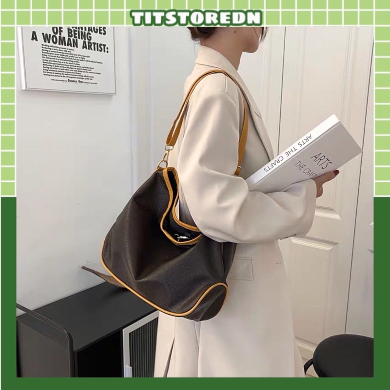 Túi da PU size to dáng công sở phối viền nâu (vừa a4, hình thật)