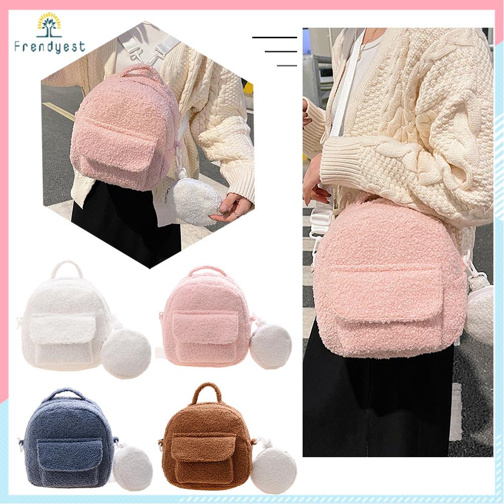 Ba lô mini phối lông nhung mềm mại màu trơn có khóa kéo phong cách thời trang cho nữ
