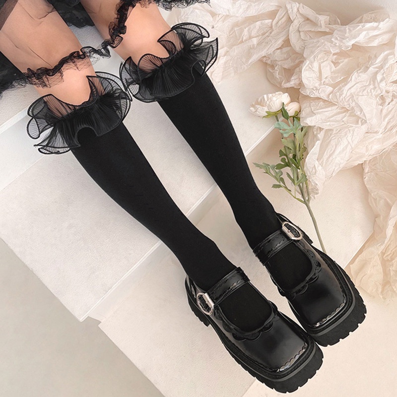 Xiangbao Vớ Cotton Cao Đến Đầu Gối Phối Ren Viền Diềm Xếp Nếp Phong Cách Vintage Pháp Cho Nữ