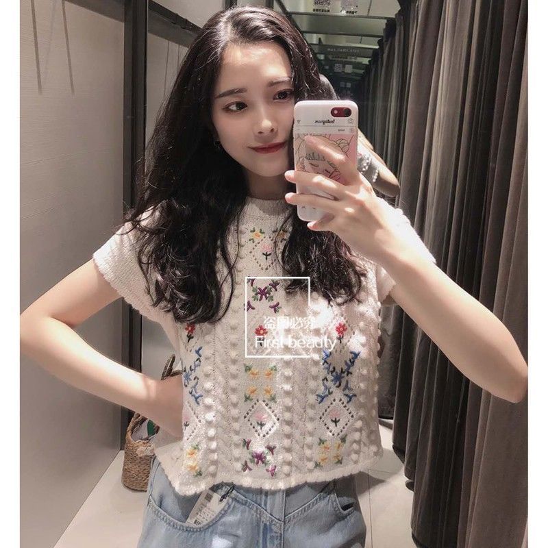 Áo ngắn dệt kim rỗng nhìn xuyên qua dáng rộng tay ngắn thêu hoa thời trang tươi tắn