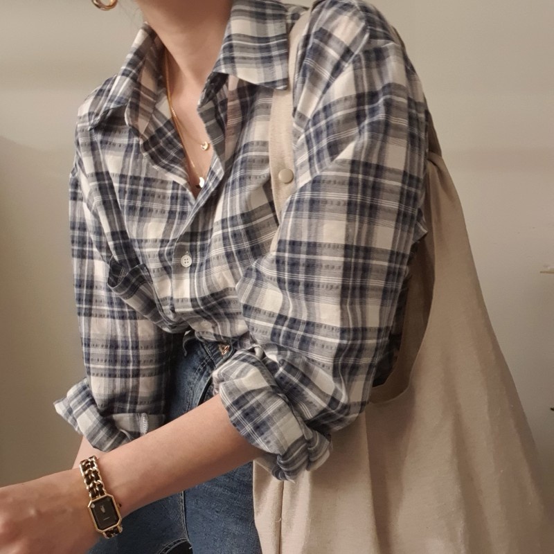 Áo sơ mi dài tay dáng rộng họa tiết kẻ sọc thời trang 46226