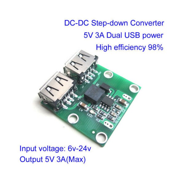 Mô đun hạ áp nguồn sạc DC-DC 5V 3A 2 cổng USB dành cho xe hơi