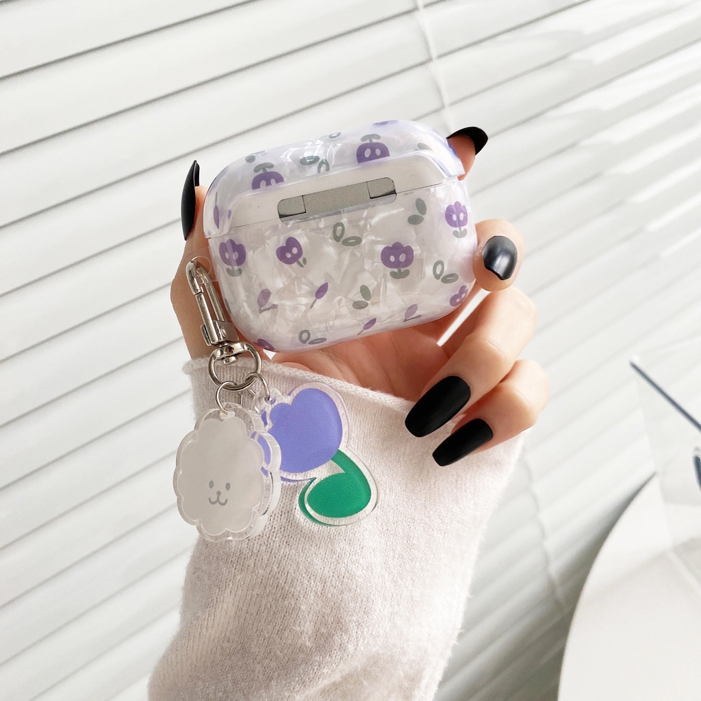 Vỏ bảo vệ hộp sạc tai nghe Bluetooth không dây Airpods 1/2/3 pro gắn hoa tulip in vỏ sò laser bắt mắt