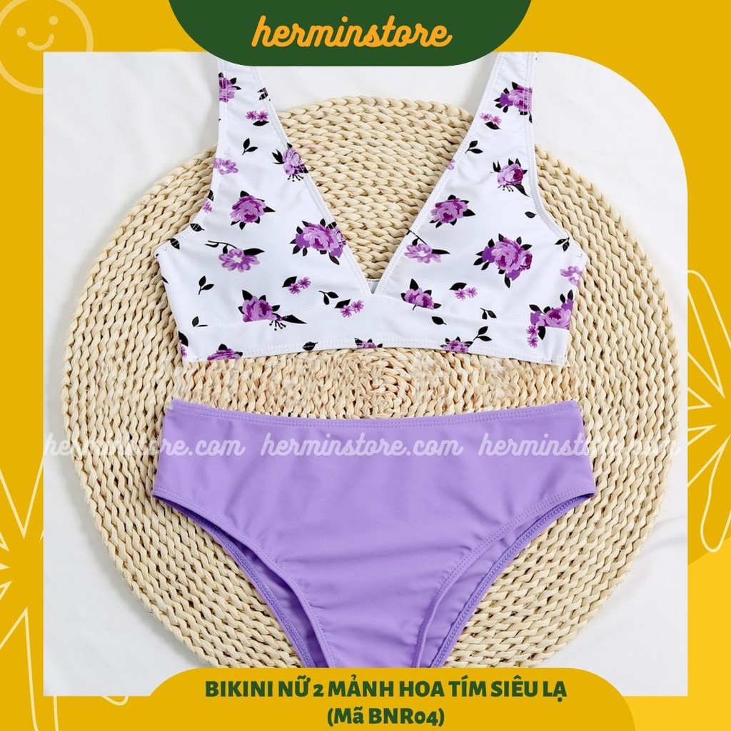 Bikini nữ 2 mảnh - đồ bơi nữ 2 mảnh màu trắng hoa tím phong cách Hàn Quốc siêu tôn dáng - Mã BNR06