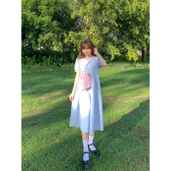 Đầm babydoll tay ngắn (xanh/ trắng)