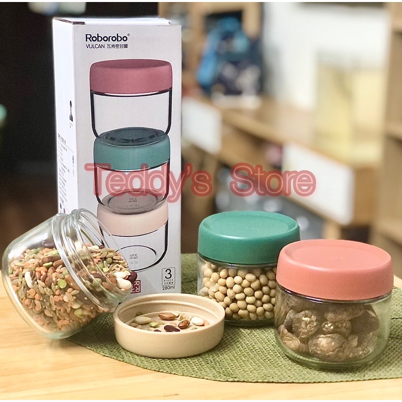 - Bộ 3 hũ thuỷ tinh Roborobo 280 ml đựng đồ khô,bánh kẹo,các loại hạt ngũ cốc