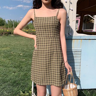 SẴN -Váy 2 dây ULZZANG kẻ caro xanh nhạt cổ điển_Ảnh thật ở cuối