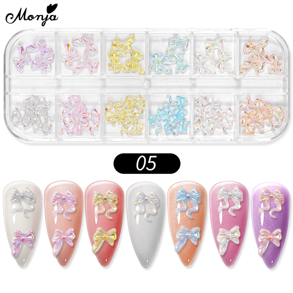 MONJA Phụ Kiện Trang Trí Móng Tay Nghệ Thuật 3D Nhiều Màu Sắc Hình Nơ/Gấu/Hoa Trà/Hoa Trà Lấp Lánh Xinh Xắn