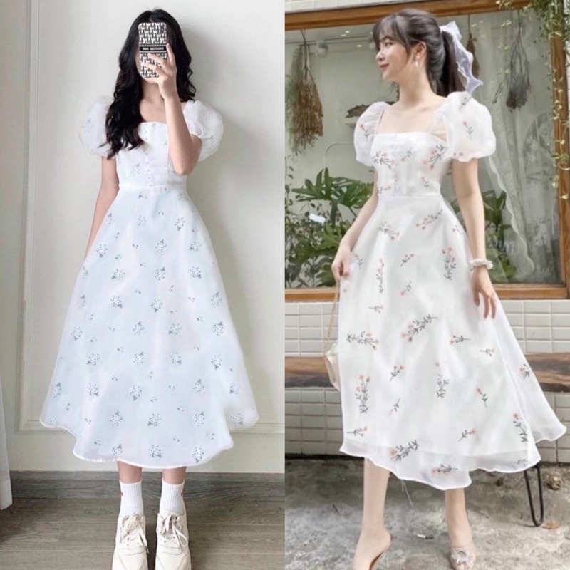 Váy hoa trắng nút bọc(Sẵn tại shop )