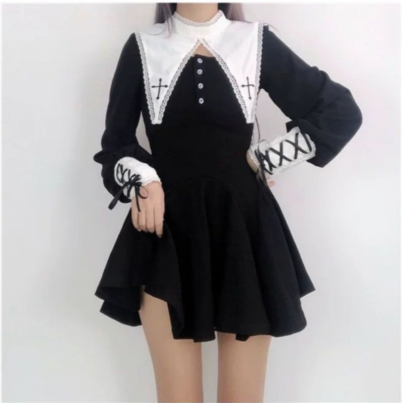 (G7) Váy đầm Gothic Lolita thêu Thánh Giá đan nơ viền ren loại đẹp màu đen. - Hàng mới về