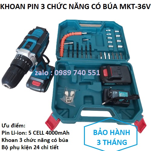 Máy khoan pin 3 chức năng có búa và 24 phụ kiện