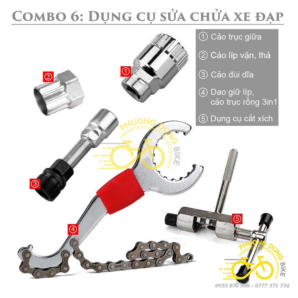 Combo6 - 5 món: Cắt xích 03, cảo líp vặn thả, trục giữa, đùi dĩa, dụng cụ giữ líp 3in1