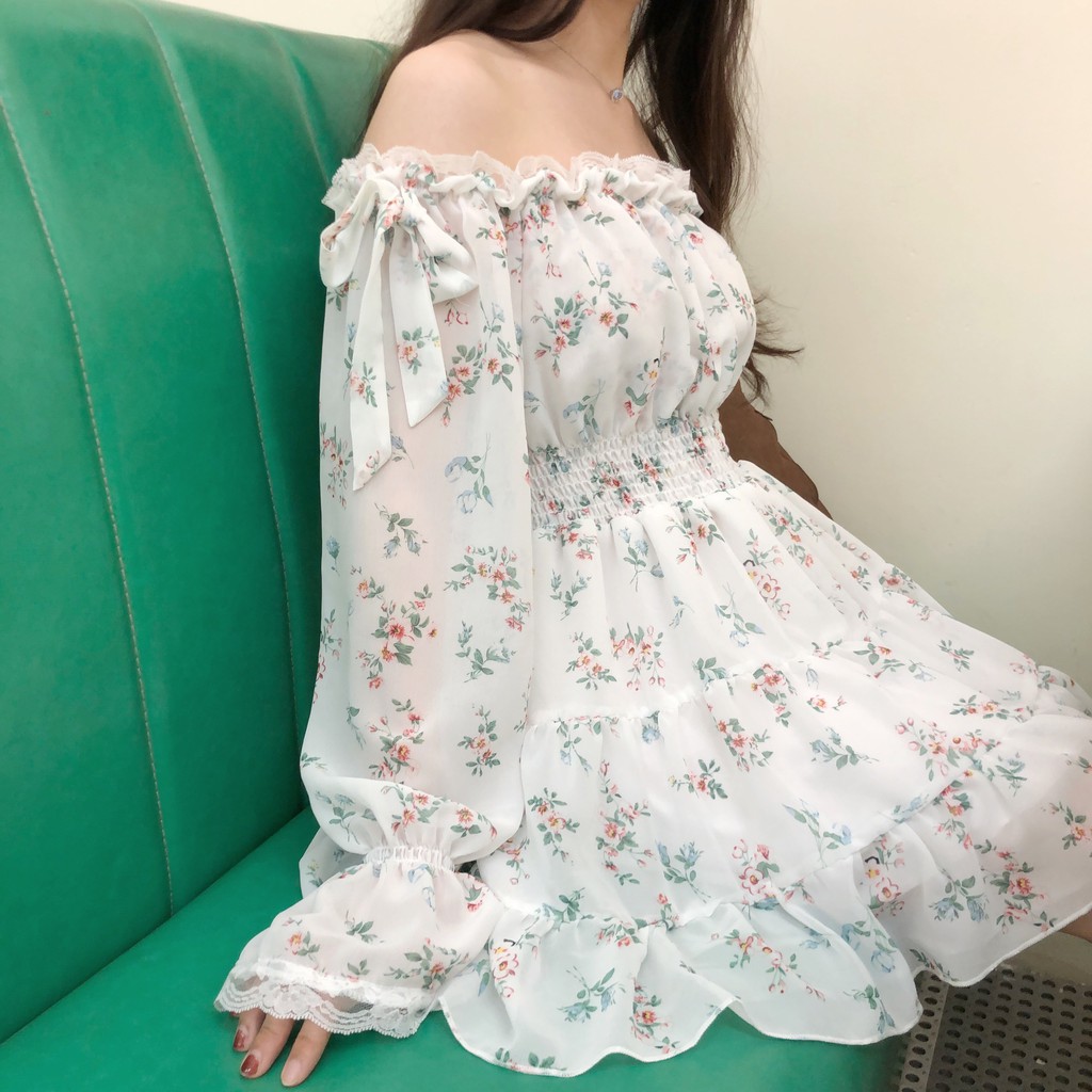 Váy hoa trễ vai chiffon Ulzzang, đầm trễ vai dáng xòe - Cỏ Clothes | BigBuy360 - bigbuy360.vn
