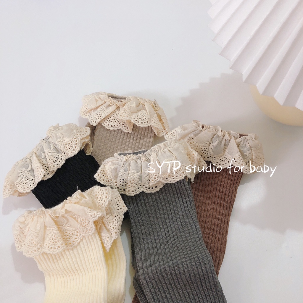 Vớ Cotton Cổ Trung Không Gót Phối Ren Phong Cách Xuân Thu Mới Cho Bé Gái