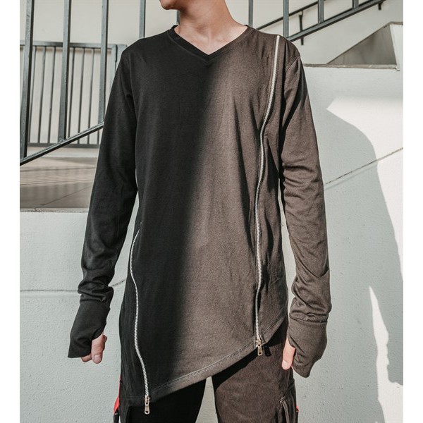Áo thun dài tay khoá kéo dài Lexuza 026, cổ tim, cotton cao cấp