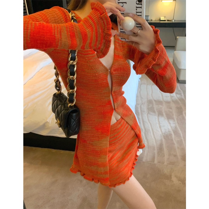 Cocory vn Áo Dệt Kim Tay Dài / Chân Váy Chữ A Lưng Cao Thời Trang Quyến Rũ Cho Nữ