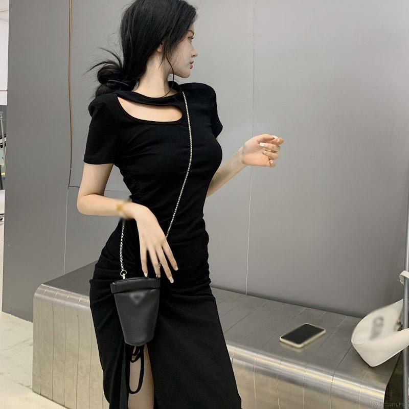 Đầm Nữ Dáng Ôm Xẻ Tà Phối Dây Rút Nhấn Eo Kiểu Pháp Thanh Lịch