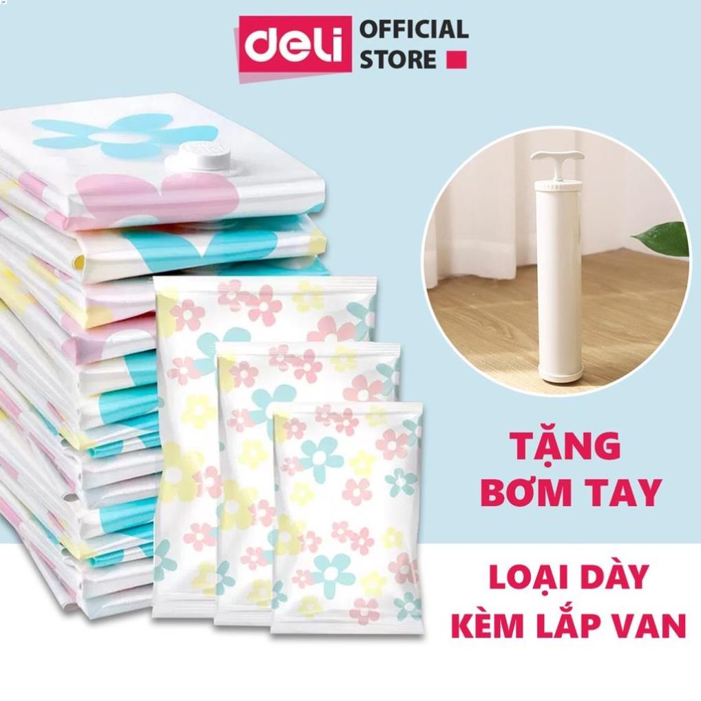 Túi hút chân không Deli-Loại cao cấp DÀY GẤP ĐÔI, KÈM NẮP VAN CHỐNG RÒ RỈ HƠI, chống nước, tránh ẩm, nấm mốc quần áo