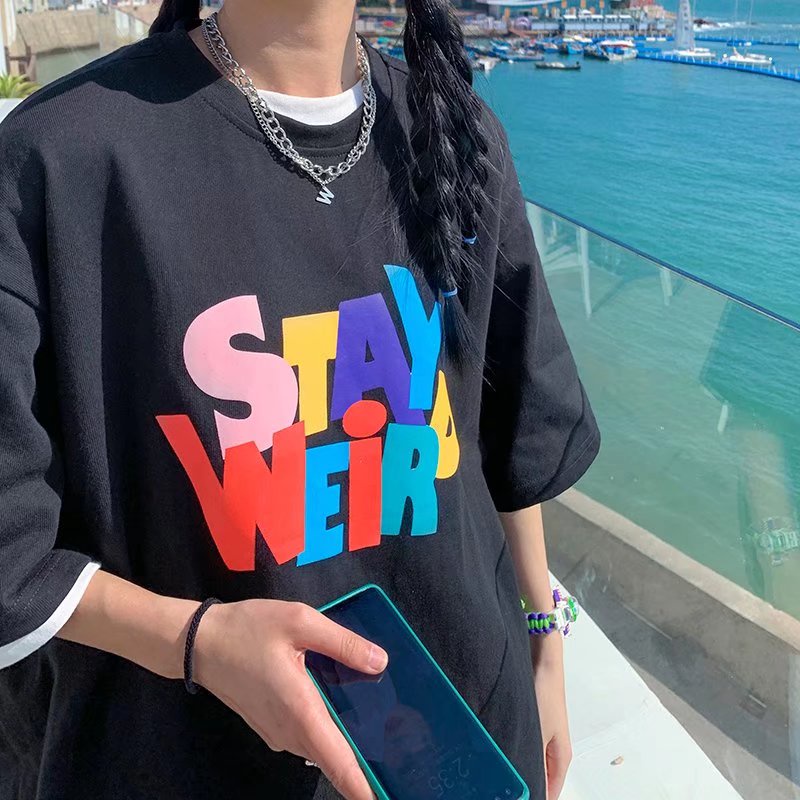 Áo Thun Nam Tay Ngắn Dáng Rộng In Chữ Phong Cách Hong Kong Thời Trang Mùa Hè Cỡ M-5XL