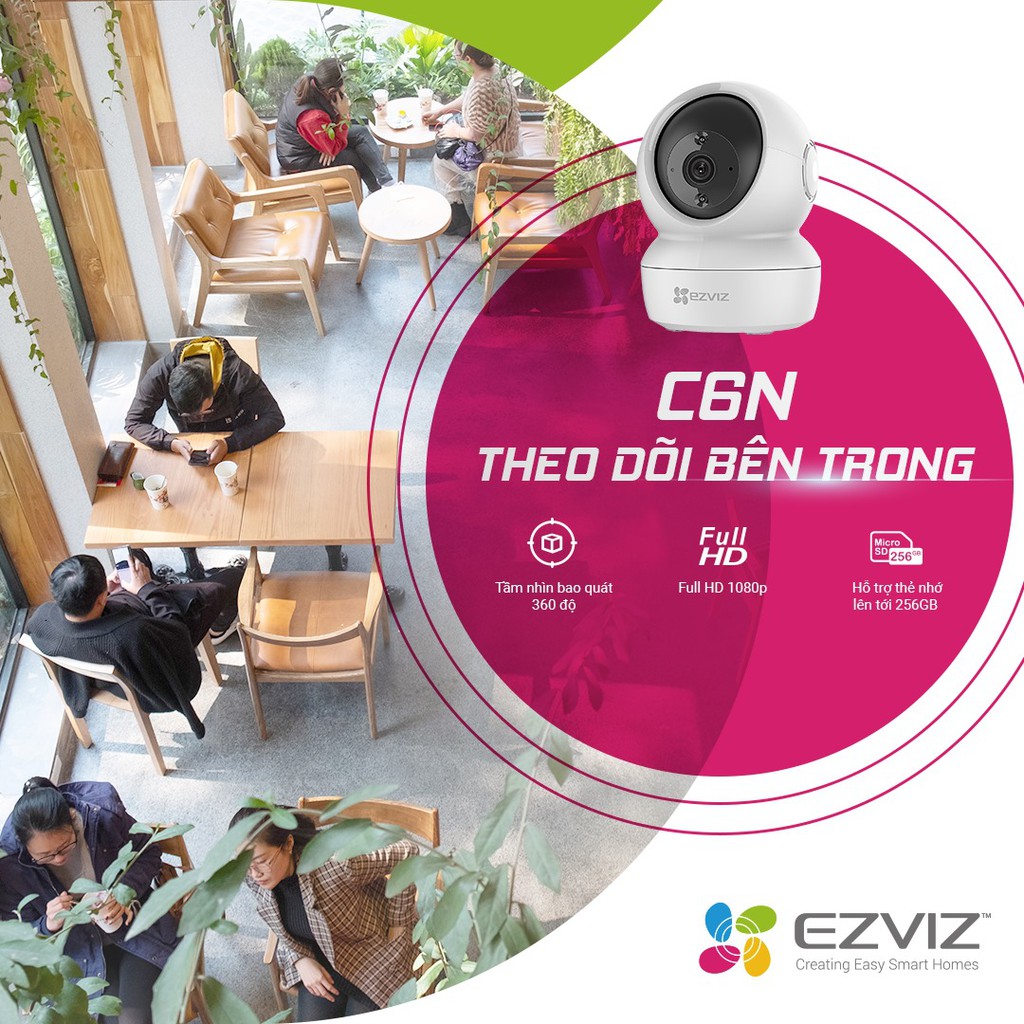 (kèm thẻ 64gb)camera wifi xoay 360 độ, không dây Ezviz C6N chính hãng bảo hành 2 năm