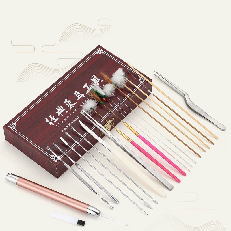 Dụng cụ lấy ráy tai - bộ lấy ráy tai hộp gỗ 20 món sang trọng tích hợp đèn soi