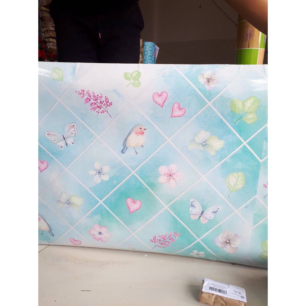 Decal dán bếp tráng nhôm cách nhiệt hoa xanh khổ 60cm keo sẵn