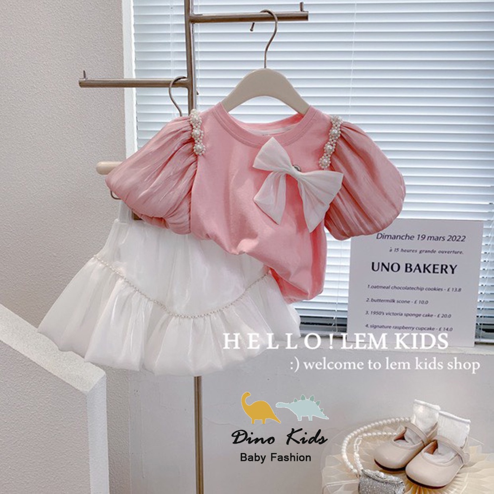 Sét tiểu thư xinh xắn bé gái, Sét áo tay phối tơ bồng nơ trắng xinh kèm chân váy tơ trắng 2 lớp cho bé