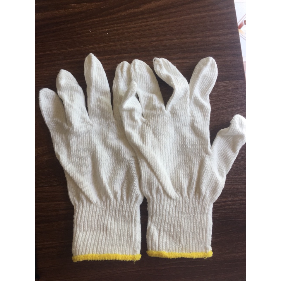 Găng tay bảo hộ lao động găng tay làm vườn chất liệu vải sợi len polyester màu trắng (1 đôi) viền đỏ, vàng ngẫu nhiên