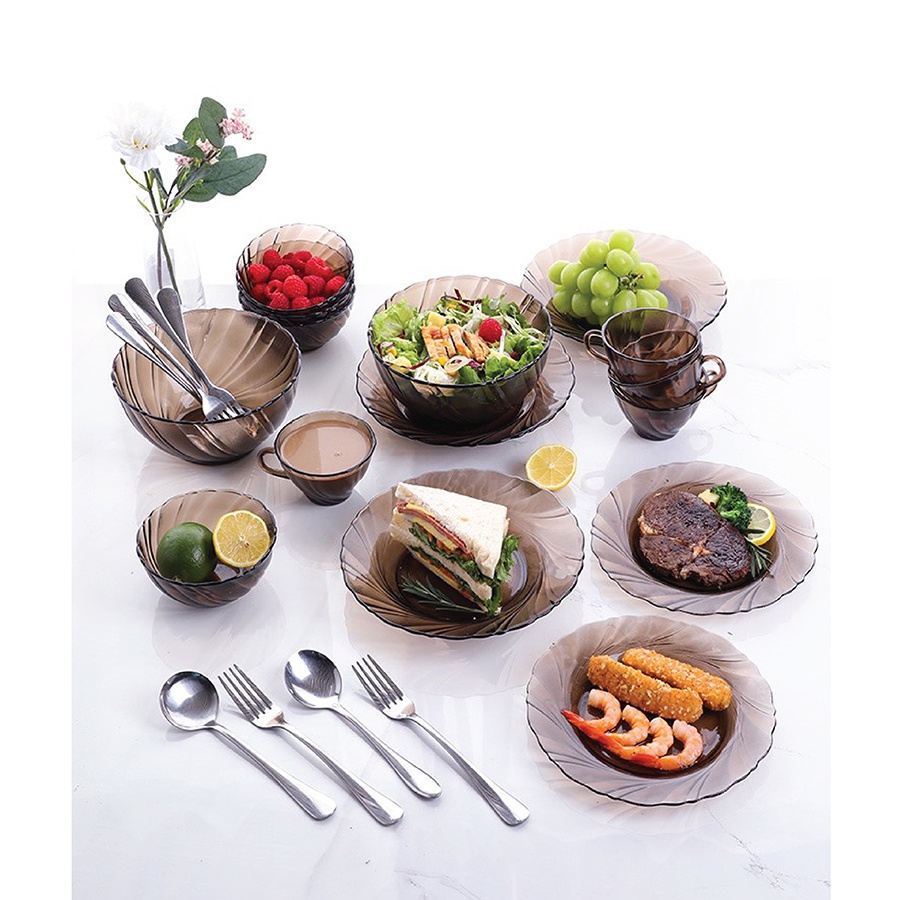 Bộ bàn ăn 9 món thủy tinh cường lực cao cấp D7009BC - Beau Rivage Nâu Khói Creole