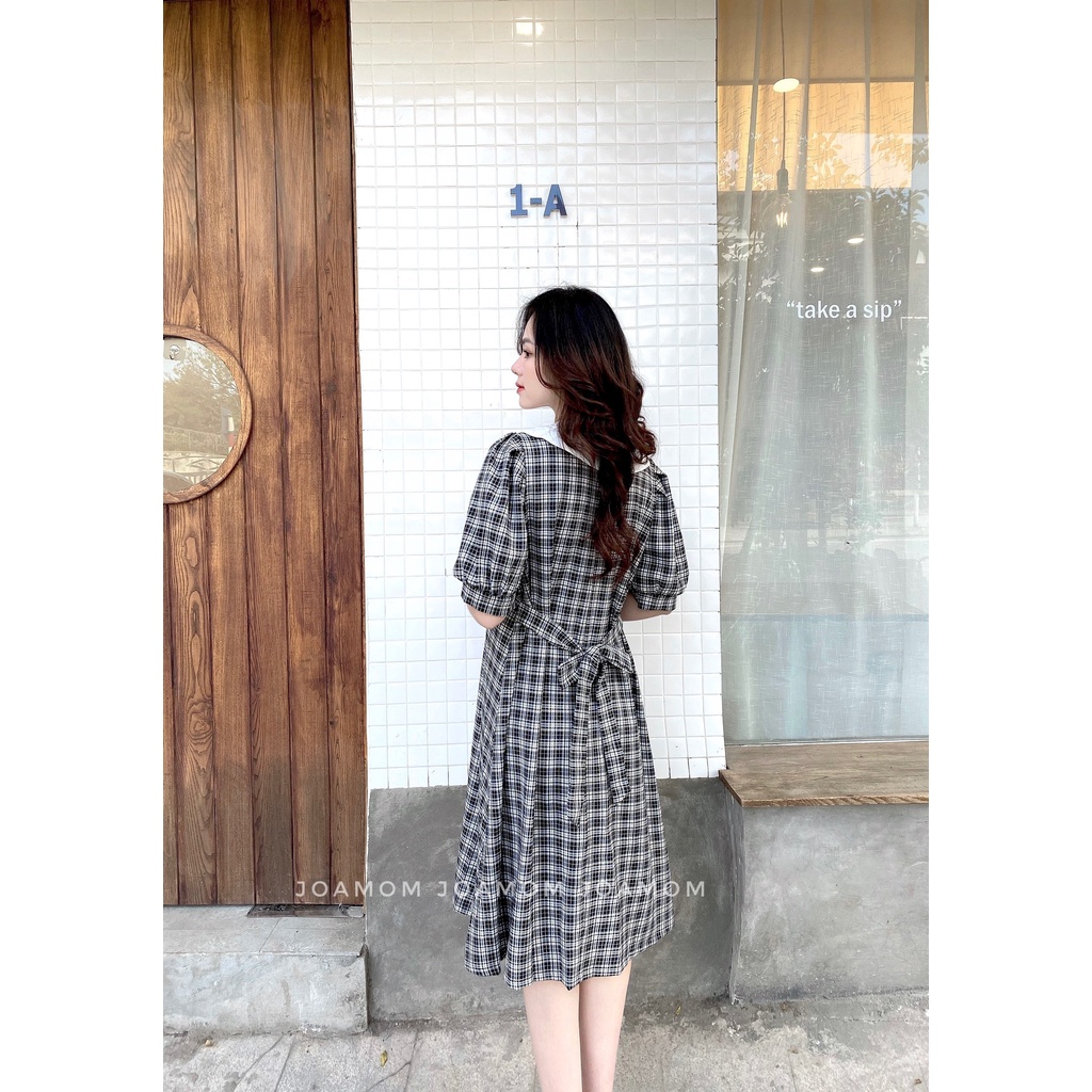 Váy đầm bầu kẻ buộc dây phối cổ các điệu thoải mái big size Joamom V190