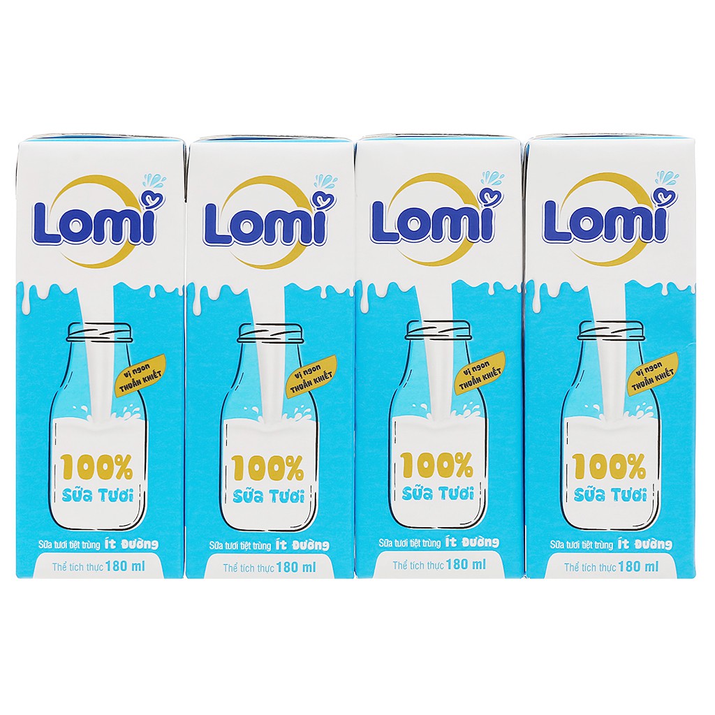 Lốc 4 hộp sữa tươi ít đường Lomi 180ml