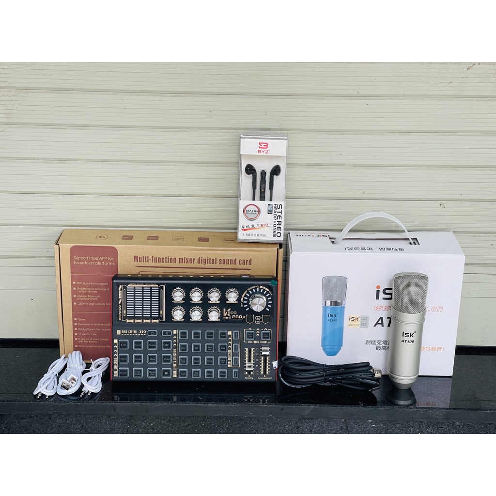 Combo thu âm karaoke livestream soundcard k300 pro và micro AT100 + tai nghe tiện lợi giá rẻ lắp đặt dễ dàng nhanh chóng