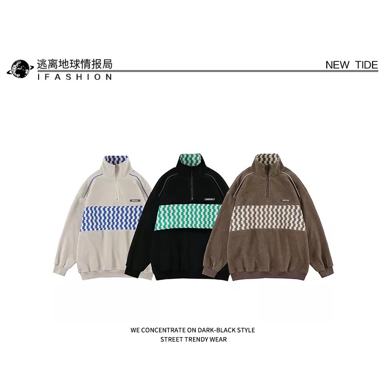 Áo nỉ namÁo Khoác Cổ Đứng Dáng Rộng Phối Màu Tương Phản Phong Cách Retro Mỹ Cho Cặp Đôi Faru127