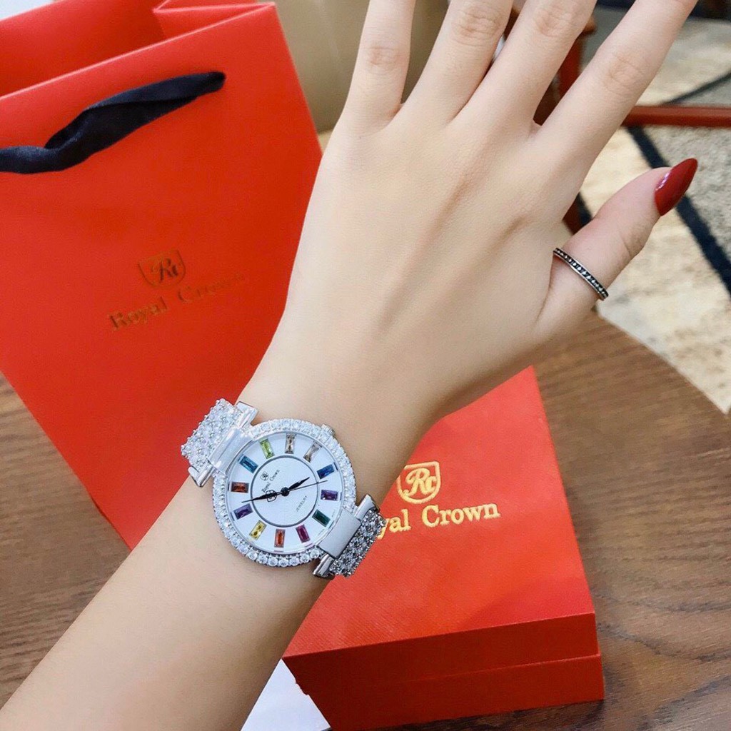 Đồng hồ nữ Royal crown cao cấp mặt tròn dây đính đá nhân tạo cao cấp Full Box