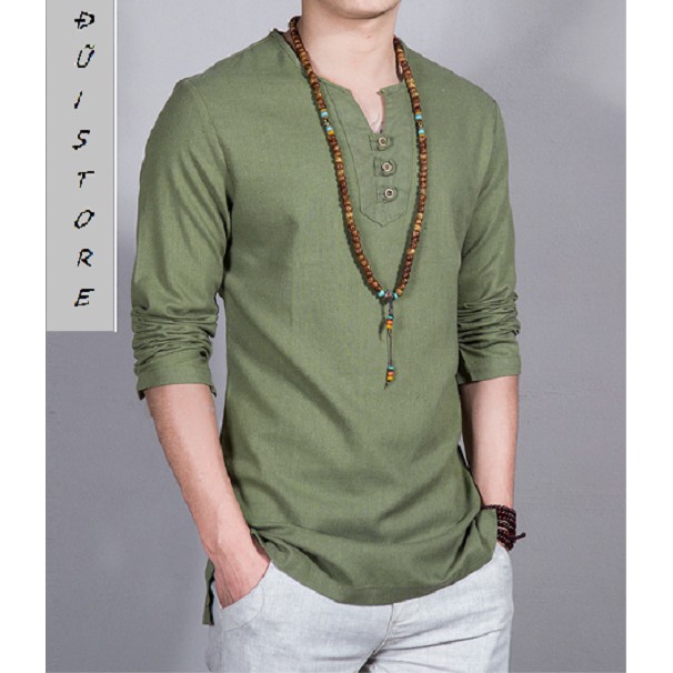 Áo Đũi Nam Dài Tay Cổ Y Vải Đũi Cotton Mộc Thoáng Mát ADCY