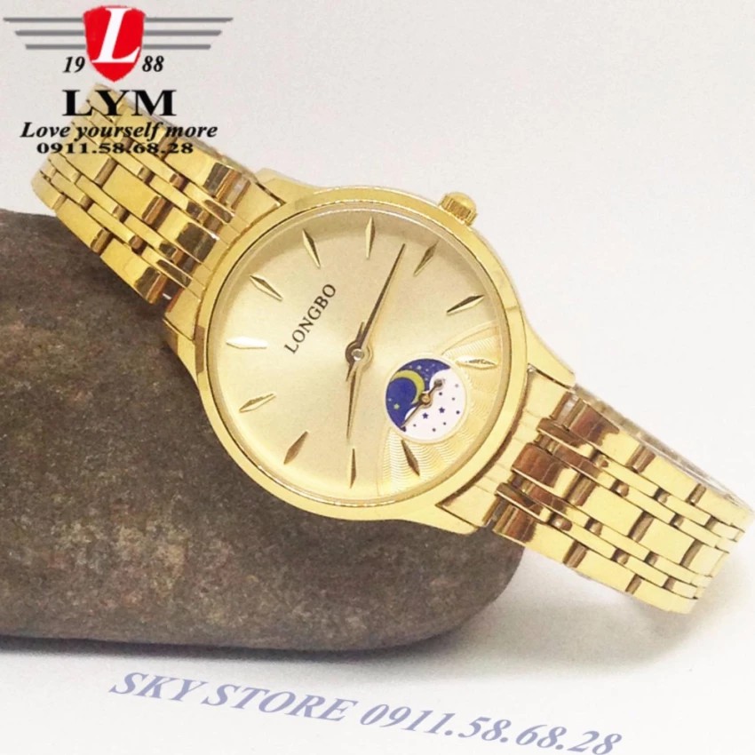 Đồng hồ đôi nam nữ dây thép vàng không gỉ thời trang LONGBO 80306L